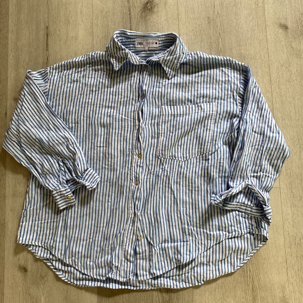 Zara Blue White Striped Linen Blend Button Down Shirt Womens Small Oversized